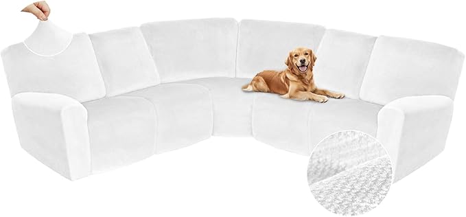 Arfntevss Sectional Recliner Couch Covers Velvet Corner Sectional Sofa Cover for Reclining Couch Stretch Soft L Shape Recliner Slipcover Thick U Shaped Washable Protector (5 Seat Cover, White)