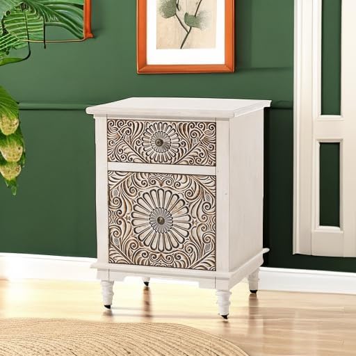 HOMPUS White Nightstand with Drawer & Storage, Fully-Assembled Flower Motif Night Stand for Small Spaces, 2 Drawer End Table with Storage for Living Room, Bedroom, Distress White
