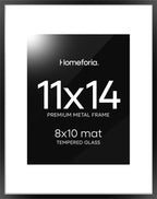 Homeforia Black 11x14 Picture Frame, High End Metal 11x14 Poster Frames with Mat 8x10, 11 x 14 Black Frame Matted to 8 x 10 inch Photo, 11 by 14 Thin Hanging Frames, Tempered Glass, Wall Kit, Set of 1