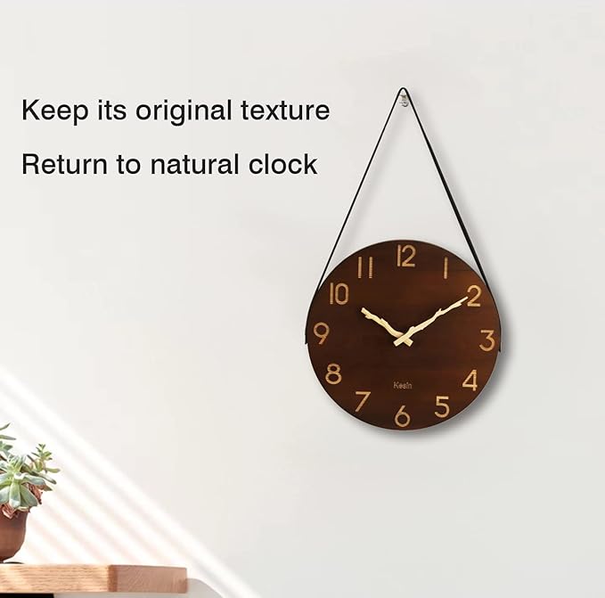 Kesin Wall Clock 12 Inch Silent Wooden Wall Clock Battery Operated Hand Made Retro Fashion Clock with Rope Hanging Decorative for Living Room Kitchen Bedroom Office