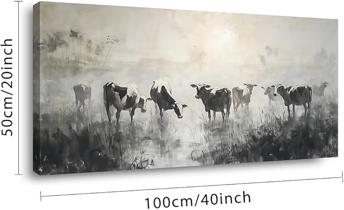 LASMOND Black and White Cow Wall Art for Living Room Ink Wash Canvas Painting Prints Morning Cattle Vintage Country Farmhouse Artwork Bedroom Office Decor (40x20 Inches)