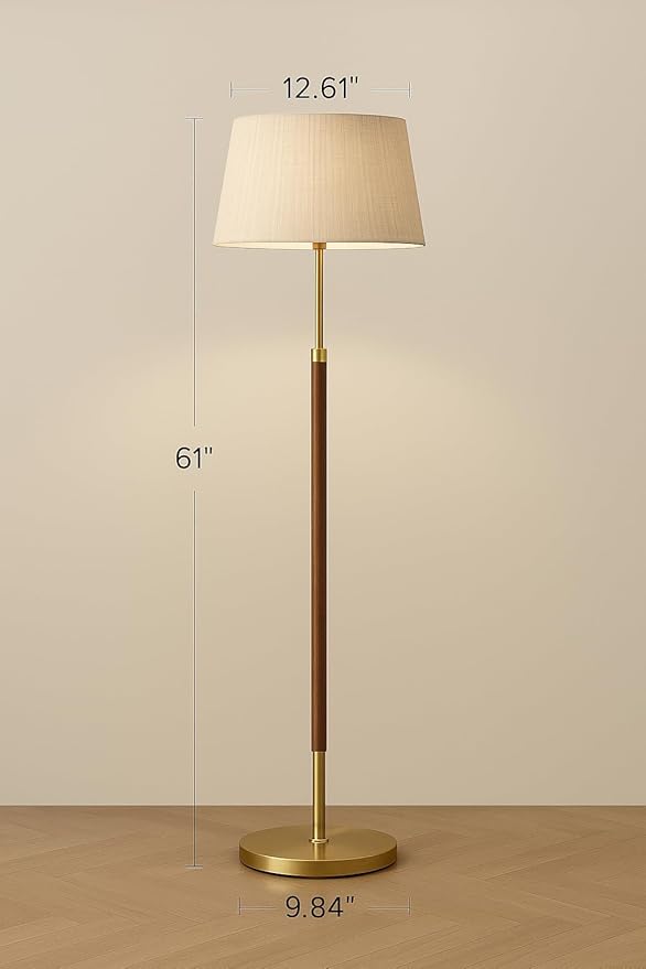 JOOFO Mid-Century Modern Wood Floor Lamp with Dual Fabric Shade, Remote Control, Dimmable & Adjustable Color Temperature, Reading & Living Room Lamp, Easy Clean Cover, Foot Switch