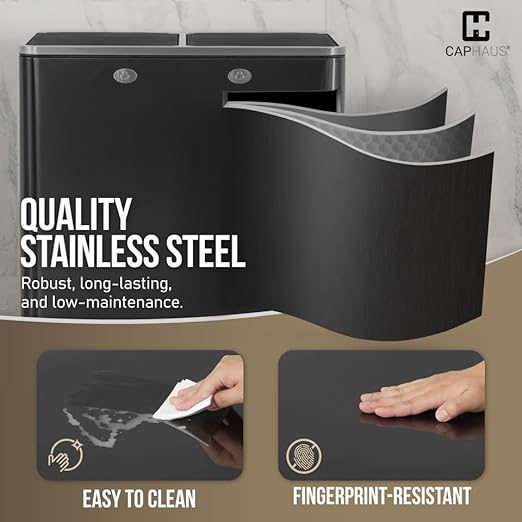 CAPHAUS Black Dual Trash Can w/Double Lid, Trash & Recycle Bins Combo, Hands-Free Stainless-Steel Garbage Can for Kitchen, with 2 Compartment, Hinged Lid, Odor Filters, Handles, 30L+30L, 2 x 8 Gal