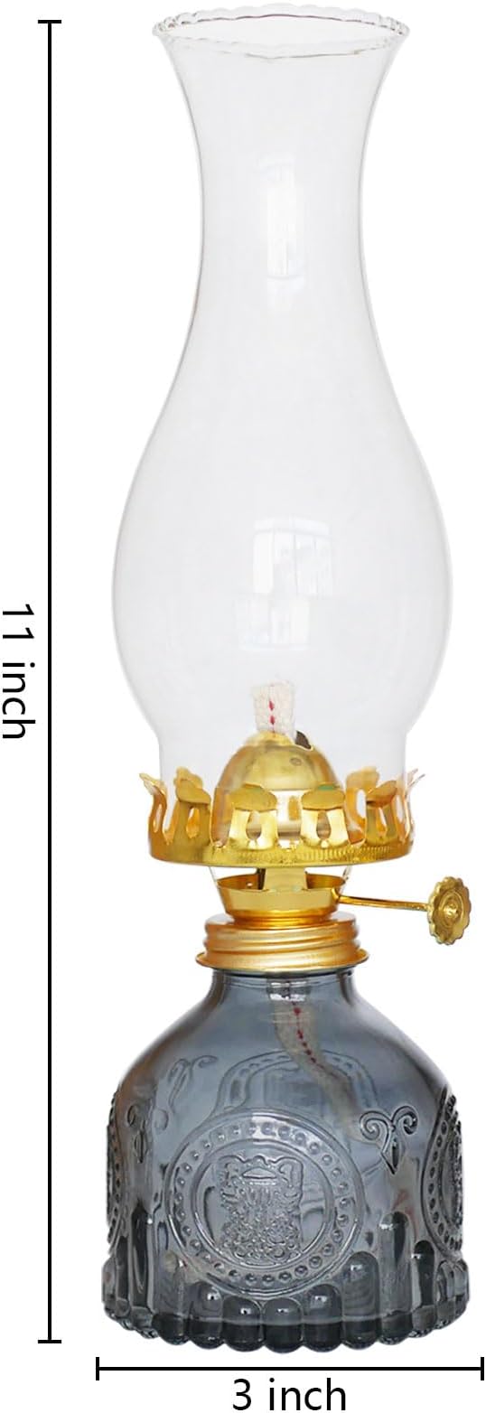 Glass Oil Lamp 2Pack, Oil Lamps for Indoor Use - 11"x3" Gray Antique Kerosene Lamp, Outdoor Oil Lamp, Beautifully Carved Vintage Oil Lamp for Home Decor, Tabletop, Emergency Lighting & Props