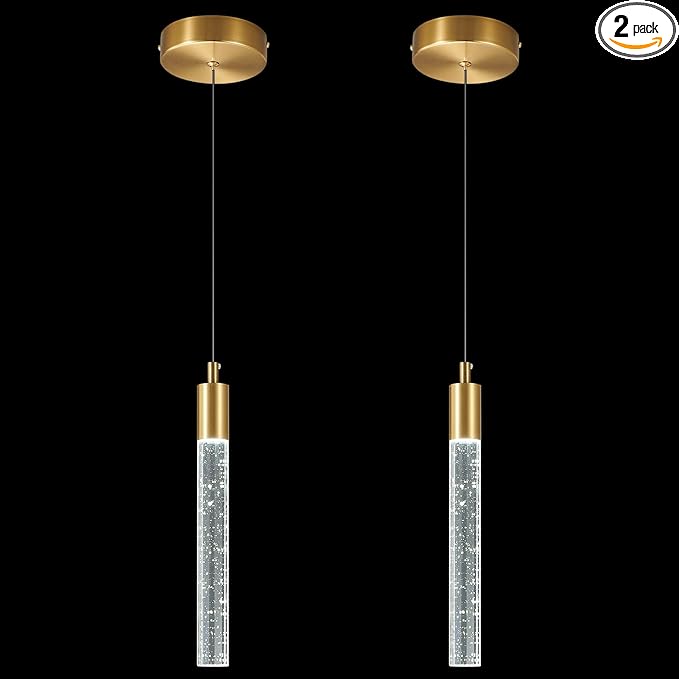Modern Kitchen Island Pendant Light Dimmable LED Gold Brass Finish Mini Crystal Pendant Lighting Bedroom Bedside Table Small Pendant Lights（2-Pack ）