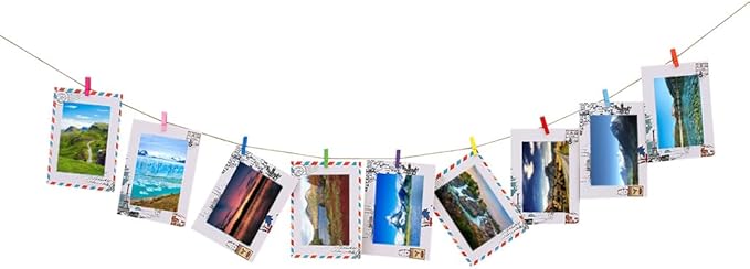 Hanging Photo Display Photo Holder String with Clips Photo Frame Set Perfect Wall Decor for Teen Bedroom Home Cubicle Office Retro Postmark *2