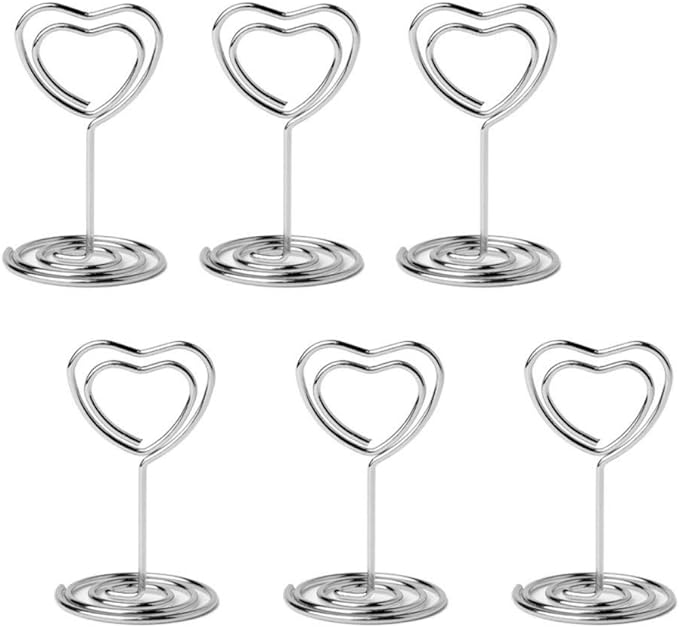20pcs Mini Place Card Holder, Table Number Holders, Table Card Holders, Table Number Stands, Wire Table Picture Photo Holder Menu Clips for Wedding Favors with Heart Shaped (Silver)