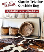 Tricolor Cowhide Rug Classic Brown, Black and White Color Mix, Natural Leather Hide, Area Rug (6x8ft)
