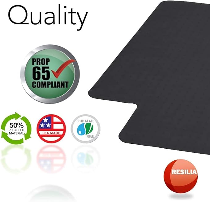 RESILIA Office Desk Chair Mat with Lip - for Low Pile Carpet (with Grippers) Black, 36 Inches x 48 Inches, Made in The USA