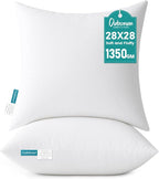 Oubonun 28 x 28 Throw Pillow Inserts - Soft, Plush & Decorative Down Alternative Pillows for Couch Sofa Bed, Machine Washable - White, Pack of 2