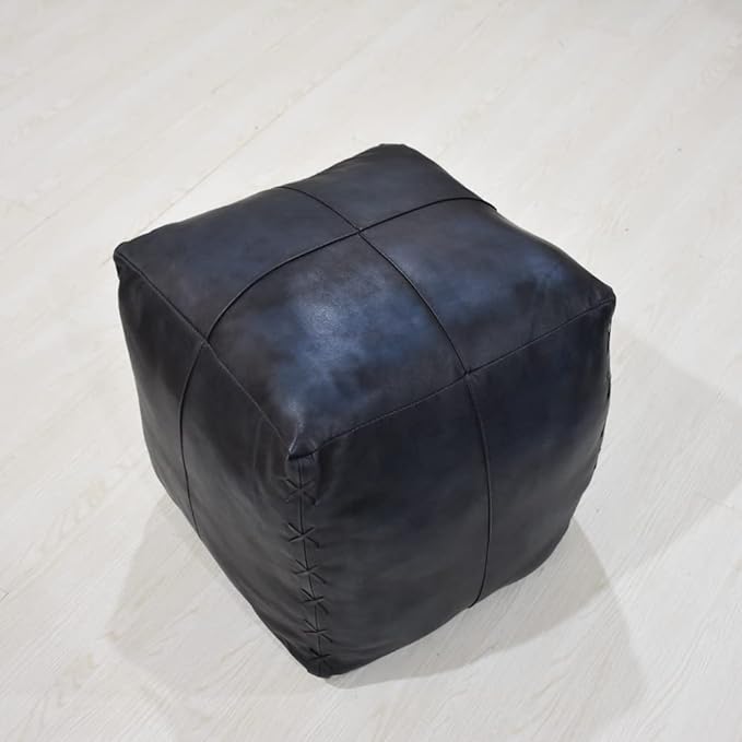 Square Shaped Goat Leather Handmade Eco-Friendly Vintage Blue Pouf - Square Pouf, 18" x 18" x 18", Plain Solid Pouf, Goat Leather Pouf, Recycled Cotton Filled Stuffed Pouf, Seating Pouf PF37