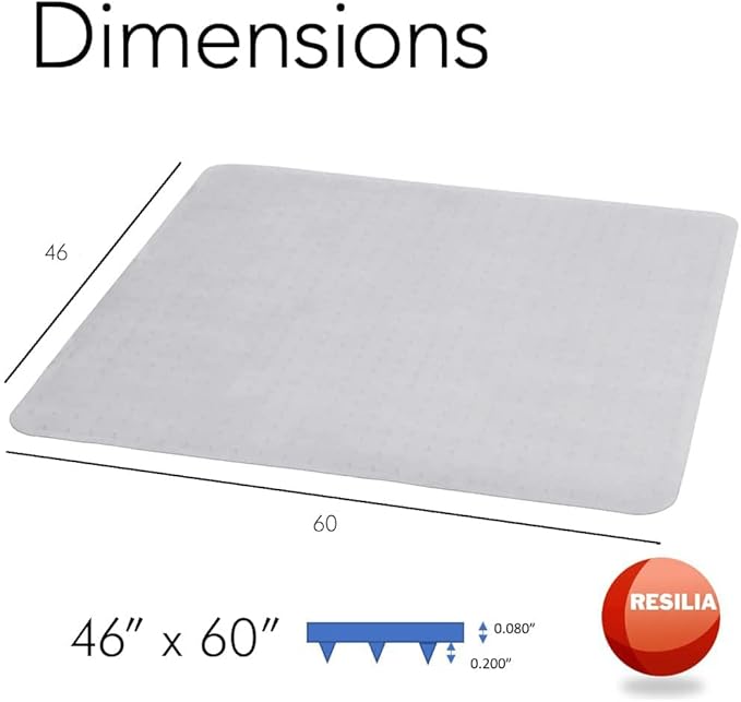 RESILIA Office Desk Chair Mat - for Low Pile Carpet (with Grippers) Clear, 46 Inches x 60 Inches, Made in The USA