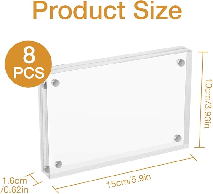 4x6 Acrylic Picture Frames 8 Pack, Clear Frameless Magnetic Double Sided Photo Frame, Self Standing Desktop Display Stand for Bedroom Living Room Home