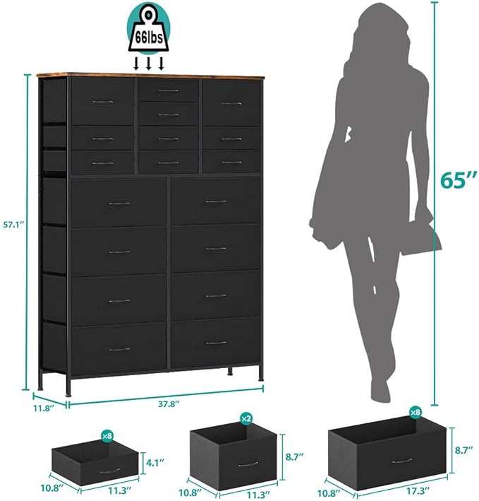 Dresser for Bedroom with 18 Drawers, Tall Fabric Storage Dresser, Chest of Drawers for Closet, Nursery, Bedside, Living Room, Laundry, Entryway, Hallway (Black)