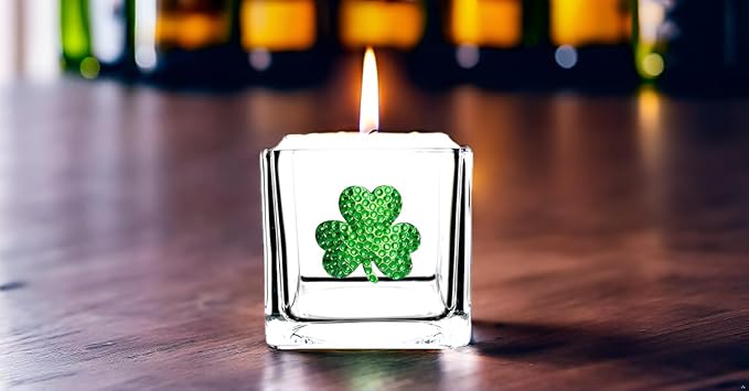 THE QUEENS' JEWELS Shamrock Jeweled 4x4 Candle Holder Vase - Unique Gift for Women, Birthday, Cute, Fun, Cocktail, Queen, Not Painted, Decorated, Bling, Bedazzled, Rhinestone
