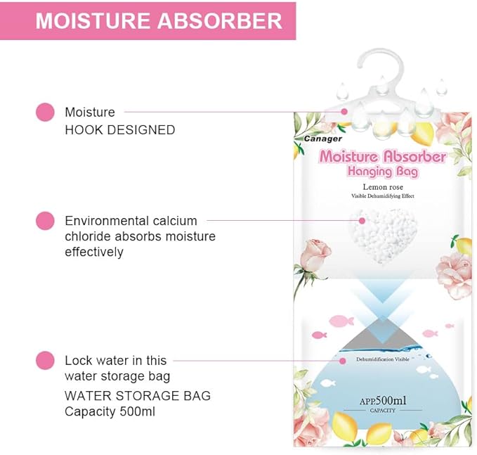 CANAGER Hanging Moisture Absorber, Lemon Rose Moistureproof Hanging Bag，Dehumidifier Bag (8 packs) Hanging Closet Dehumidifier Bags, Moisture Absorb 12.5 oz
