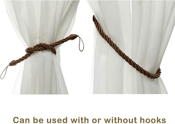 BEL AVENIR Curtain Ropes Tiebacks Tie-Backs, Curtain Handmade Holdbacks with 2 Metal Screw Hooks (Coffee, 2pack)