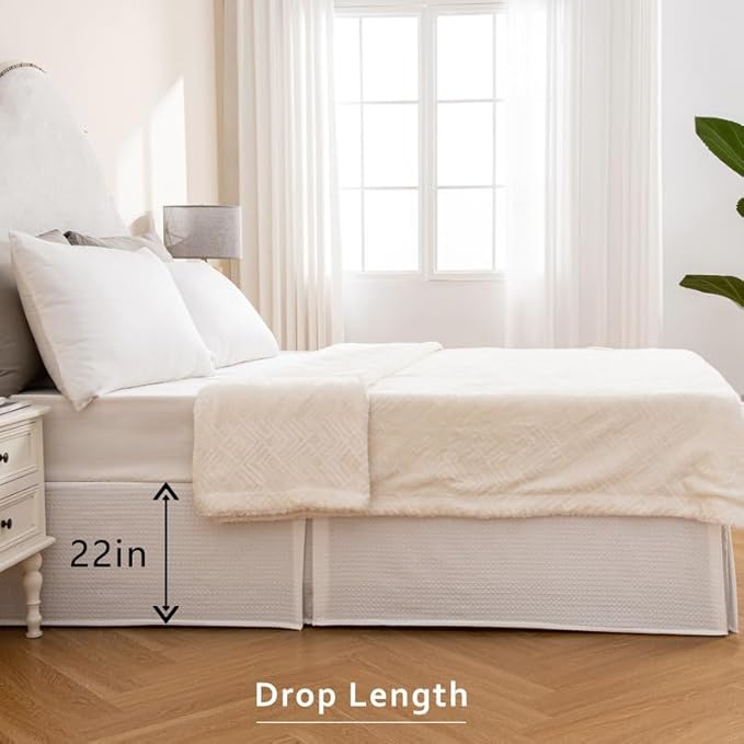 MIYE Pleated Waffle Weave Bed Skirt, Tailored Dust Ruffle 22 Inch Drop Easy Fit, Machine Washable (White, TwinXL - 22" Drop)
