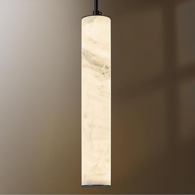 LMQNINE Natural Alabaster Pendant Lights for Kitchen Island White Marble Long Tube Chandelier Modern Black Ceiling Light Fixtures for Bedroom Dining Room Table Living Room Hallway(M-1Pack)