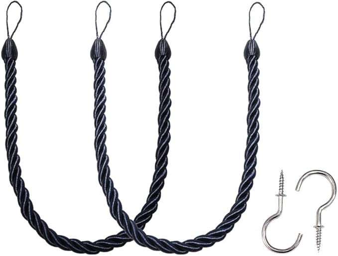 BEL AVENIR Curtain Ropes Tiebacks Tie-Backs Curtain Handmade Holdbacks with 2 Metal Screw Hooks (Navy, 2pack)