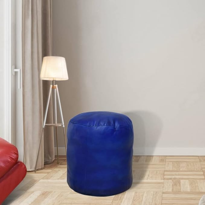 Round Shaped Goat Leather Handmade Eco-Friendly Blue Pouf - 16" x 16" x 16", Plain Solid, Recycled Foam With Fibre Fill Stuffed, Leather Seating PF12