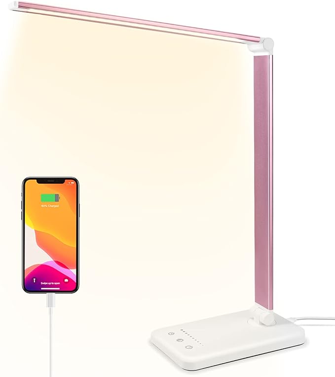 Led Desk Lamp, Desk Lamp with USB Charging Port, 5 Color Modes, 10 Brightness, Natural Light, Eye Caring Reading Lamp, Desk Light for Home Office, Table Lamp, Touch Control, Auto-Timer, Pink