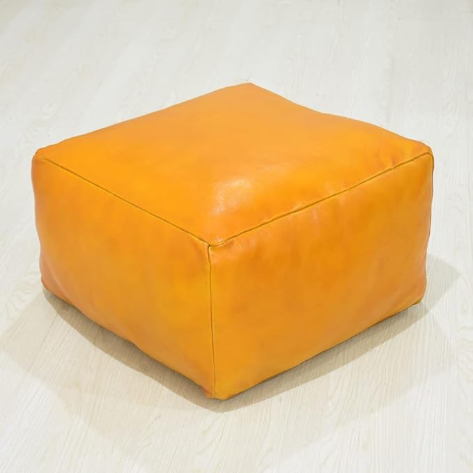 PF12 Square Goat Leather Handmade Eco-Friendly Mustard Pouf - 21" x 21" x 12", Plain Solid, Recycled Foam with Fibre Fill Stuffed