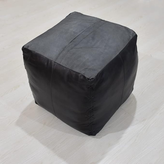 Square Shaped Goat Leather Handmade Eco-Friendly Vintage Blue Pouf - Square Pouf, 18" x 18" x 18", Plain Solid Pouf, Goat Leather Pouf, Recycled Cotton Filled Stuffed Pouf, Seating Pouf PF37