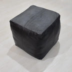 Square Shaped Goat Leather Handmade Eco-Friendly Vintage Blue Pouf - Square Pouf, 18" x 18" x 18", Plain Solid Pouf, Goat Leather Pouf, Recycled Cotton Filled Stuffed Pouf, Seating Pouf PF37