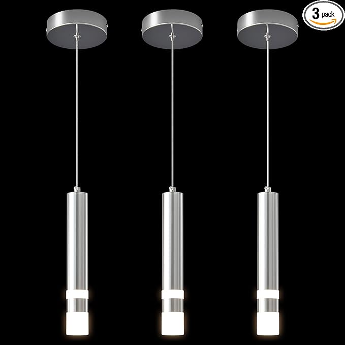 Modern Pendant Light Kitchen Fixture Dimmable LED Chrome Mini Pendant Lighting fo Kitchen Island Bedroom Bedside Table Small Pendant Lights (3-Pack)
