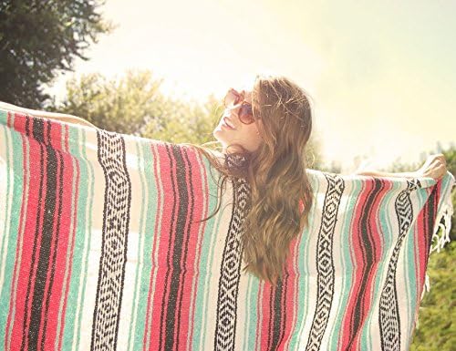 Del Mex Classic Mexican Blanket, Large Authentic Woven Falsa Throw (70"x50"), Artisan Southwest Décor for Beach, Yoga, Outdoors (Pink/Mint)