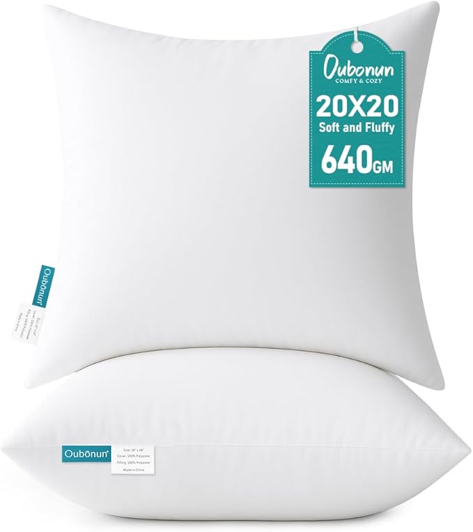 Oubonun 20 x 20 Throw Pillow Inserts - Soft, Plush & Decorative Down Alternative Pillows for Couch Sofa Bed, Machine Washable - White, Pack of 2