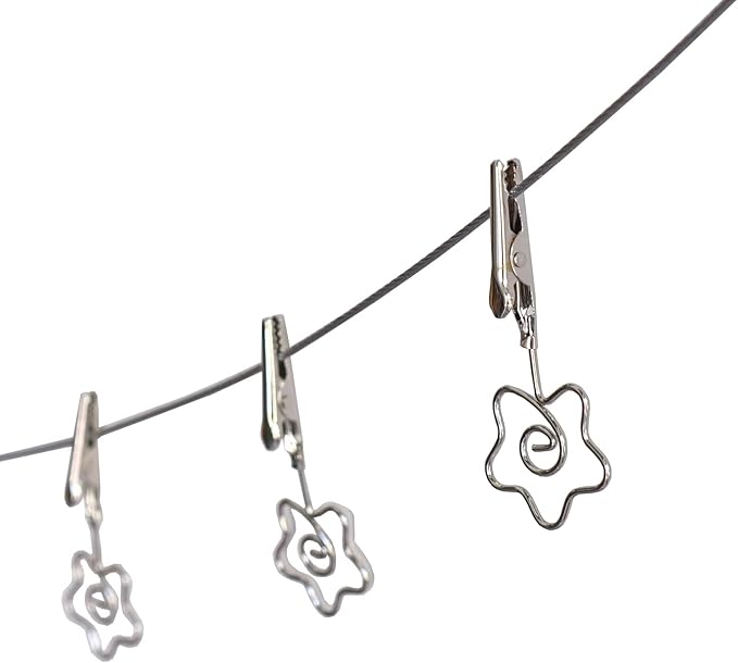 Multi-Purpose Steel Wall Hanging Photo Display Cable Wire Rod with 12 Adjustable Clips for Hanging Photos Notes Postcard and Artworks (Flower)