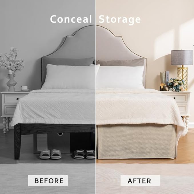 MIYE Pleated Waffle Weave Bed Skirt, Tailored Dust Ruffle 12 Inch Drop Easy Fit, Machine Washable (Cream, King - 12" Drop)