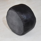 PF12 Goat Leather Handmade Eco-Friendly Black Pouf - Round Shape, 21" x 21" x 12", Plain Solid, Recycled Cotton Filled