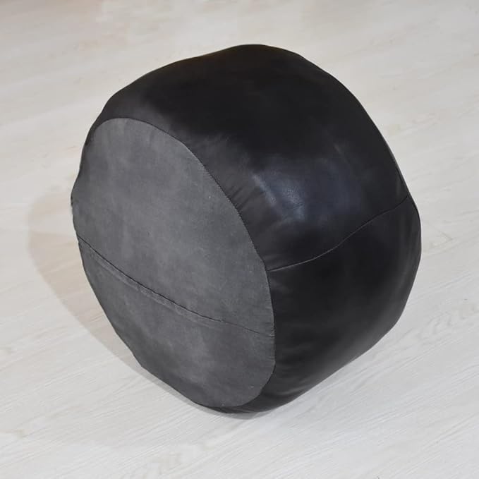 PF12 Goat Leather Handmade Eco-Friendly Black Pouf - Round Shape, 21" x 21" x 12", Plain Solid, Recycled Cotton Filled
