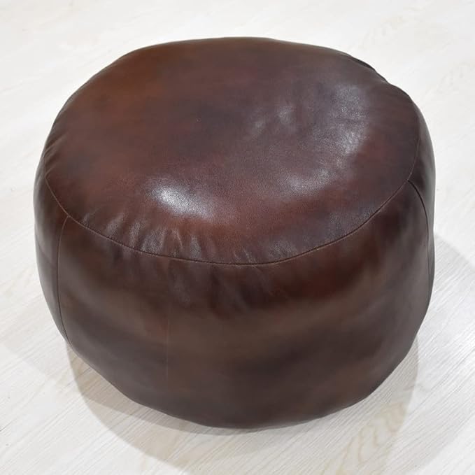 PF12 Round Shaped Goat Leather Handmade Eco-Friendly Brown Pouf - 21" x 21" x 12", Plain Solid, Recycled Cotton Filled