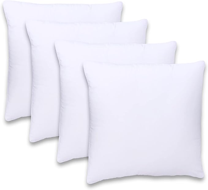 GOLD TEXTILES White Throw Pillows Insert (Pack of 4) - 18 x 18 Inches Polyester Sham Stuffer Throw Pillow - Lightweight Square Indoor Decorative Pillows - Bed and Cushion Couch Pillows