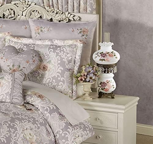 Touch of Class Brook Floral Handpainted Hurricane Table Lamp White Floral Motifs - Metal Base, Glass Shade, Scalloped Edges - Vintage Bedroom Aesthetic - Victorian Style Parlor Lamps for Bedroom