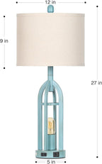 27" Industrial Farmhouse Table Lamp,Vintage Rustic Blue Beside Lamp with USB A+C Charging Ports & AC Outlet, Metal Nightstand Lamp with LED Night Light for Bedrooms (2 LED Bulbs Included)