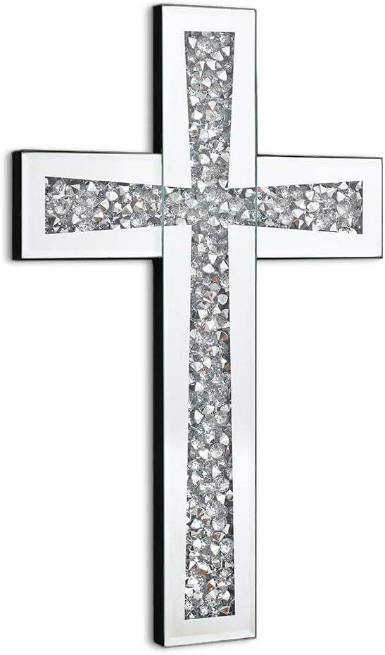 Aeveco Silver Mirrored Wall Cross 15×10 inch, Crystal Crush Diamond Cross for Wall, Living Room, Bedroom, Home Decor