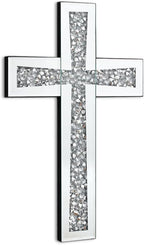 Aeveco Silver Mirrored Wall Cross 15×10 inch, Crystal Crush Diamond Cross for Wall, Living Room, Bedroom, Home Decor