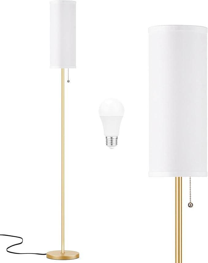 Ambimall Floor Lamp with 3 Color Temperatures Bulb, 64" Standing lamp with Linen lampshade for Bedroom, Minimalist Pole Lamp, White Shade & Gold Pole