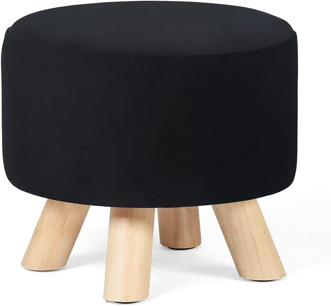 Asense Small Round Ottoman Foot Rest Stool Fabric Padded Seat Footstool Ottoman with Anti-Slip Wooden Legs (Black,Fabric)