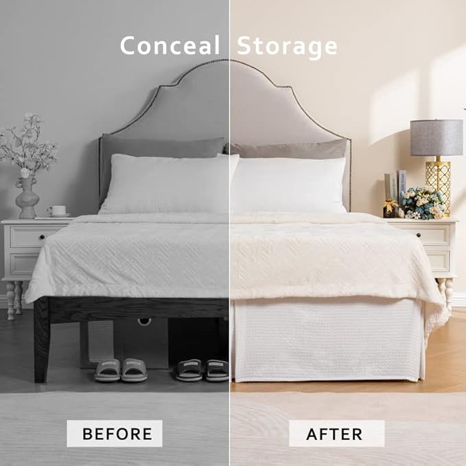 MIYE Pleated Waffle Weave Bed Skirt, Tailored Dust Ruffle 14 Inch Drop Easy Fit, Machine Washable (White, Queen - 14" Drop)