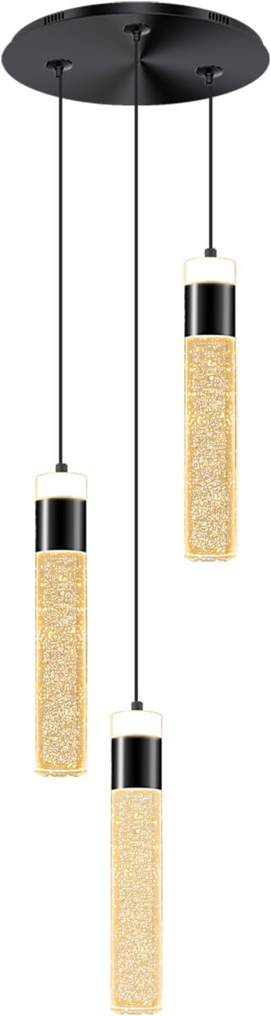 Dimmable 3-Light Pendant Lights Kitchen Island Crystal Hanging Light Modern Black Ceiling Light for Dinning Room Living Room