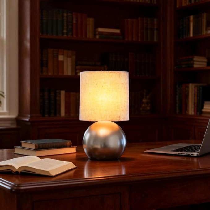 Set of 2 Small Silver Spherical Base Bedside Table Lamp with Textured Linen Shade (Bulb Included)