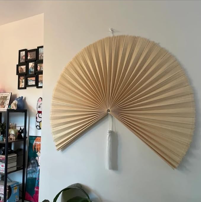 Fan Wall Decor, Japanese Giant Fan, Large Bamboo Fan Wall Art For Boho Hanging Headboard, Decorative Folding Fans For Over Bed, Asia Trending (Ivory 31inch)