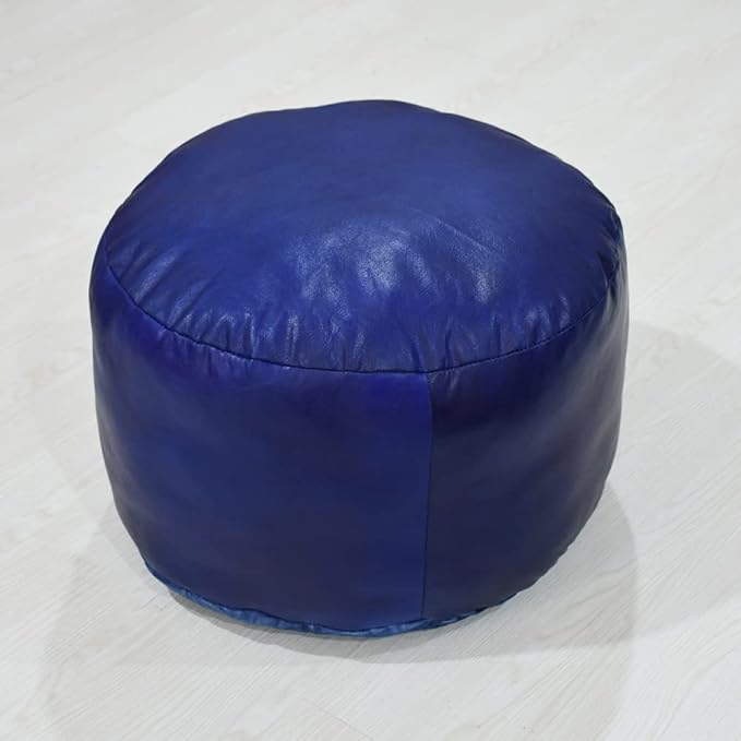Round Shaped Goat Leather Handmade Eco-Friendly Blue Pouf - Round Shape Pouf, 14" x 14"x 14", Plain Solid Pouf, Goat Leather Pouf, Recycled Cotton Filled Stuffed Pouf, Leather Seating Pouf PF12