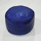 Round Shaped Goat Leather Handmade Eco-Friendly Blue Pouf - Round Shape Pouf, 14" x 14"x 14", Plain Solid Pouf, Goat Leather Pouf, Recycled Cotton Filled Stuffed Pouf, Leather Seating Pouf PF12